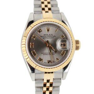 ROLEX DATEJUST GRAY ROMAN DIAL 18KY & STEEL FLUTED JUBILEE WATCH 69173 BOX&PAPER